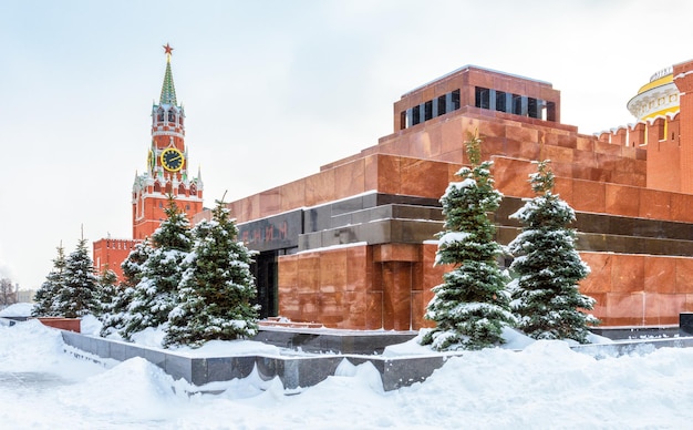 Moscow Red Square in winter Russia Lenin's Mausoleum by Moscow Kremlin under snow