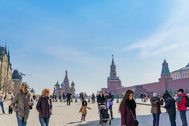 Moscow Russia April 5 2018 Tourists walking on Red Square on vacations