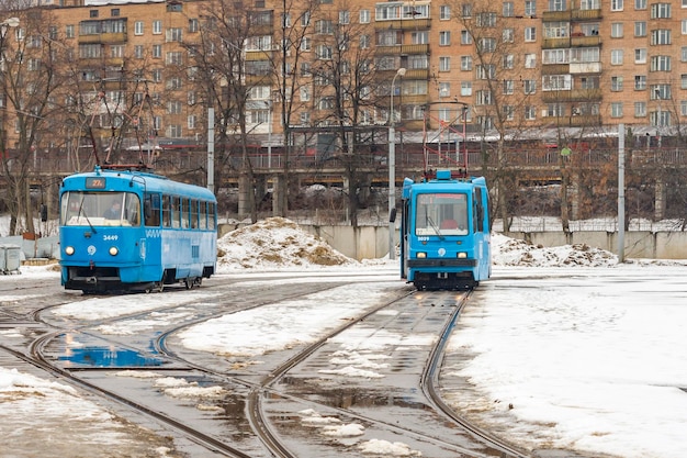 Moscow Russia February 2017 Tram station near Dmitrovskaya metro station