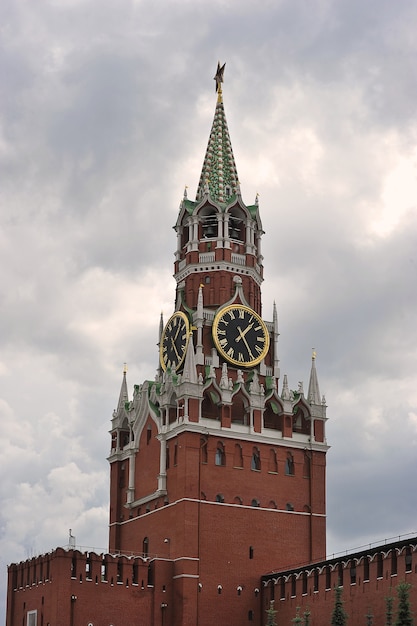 MOSCOW, RUSSIA - June 6, 2021: view of the Spasskaya Tower and the Kremlin on Red Square in Moscow