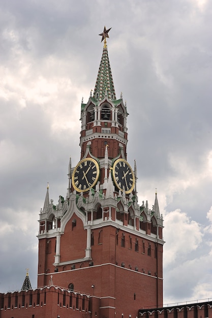 MOSCOW, RUSSIA - June 6, 2021: view of the Spasskaya Tower and the Kremlin on Red Square in Moscow