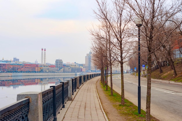 Moscow Russia  March 2020 Empty promenade in front of Moscow city skyscrapers due to the pandemic and coronavirus quarantine