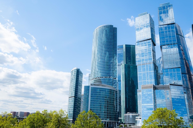 MoscowCity and Moscowriver area Russia modern architecture Moscow City and skyscraper Moscow International Business Center in daytime against the blue sky with place for text