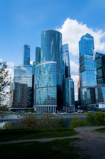 MoscowCity and Moscowriver area Russia modern architecture Moscow City and skyscraper Moscow International Business Center in daytime against the blue sky with place for text