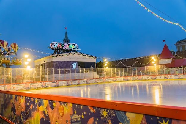 MOSCOWRUSSIA December 18 2019 Gum Ice Rink on Red Square at night