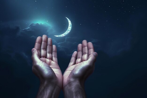 Photo moslem hand open and praying for dua under the crescent moonlight at night praying tahajjud