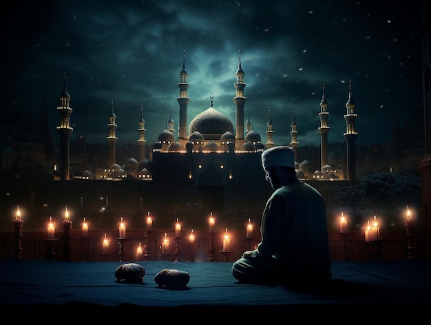 a moslem pray with mosque and lanterns on background