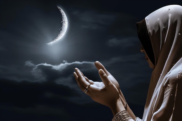 Moslem women praying under the crescent moon at night