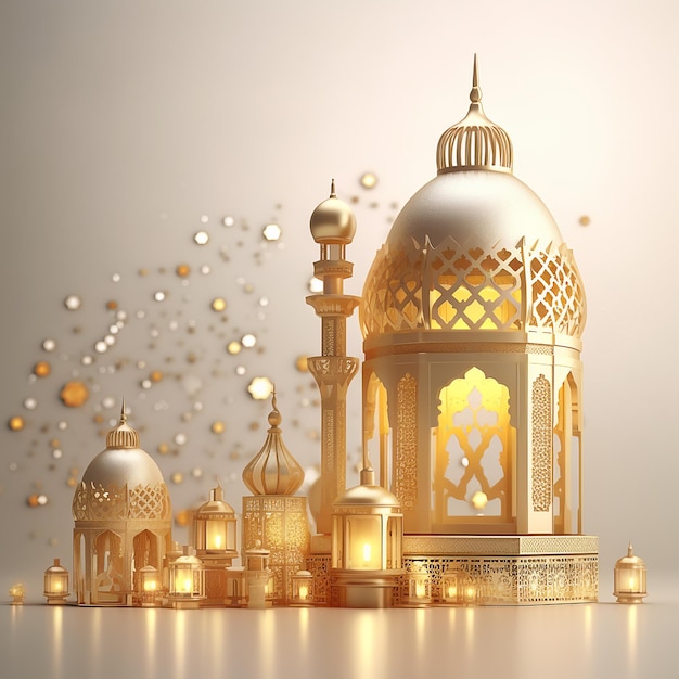 Mosque 3D Render View in Clean background for islamic post greeting card eid adha or Fitr