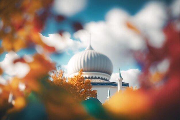 mosque in autumn with autumn leaves on the trees