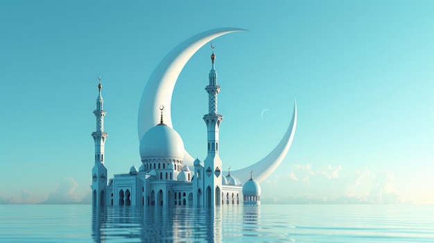 Mosque on Blue Background with White Crescent