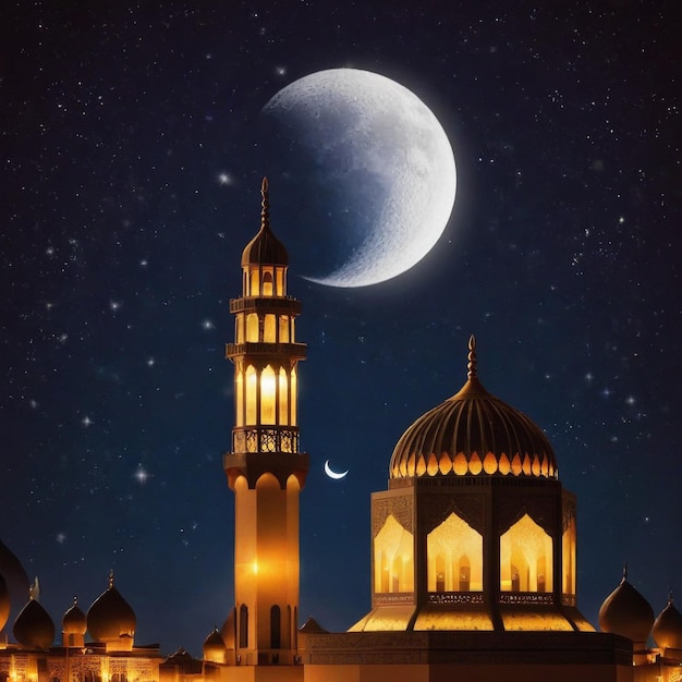 Mosque building architecture at night with moon