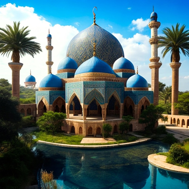 Mosque building Ramadan Kareem Greeting card Illustration Generate AI