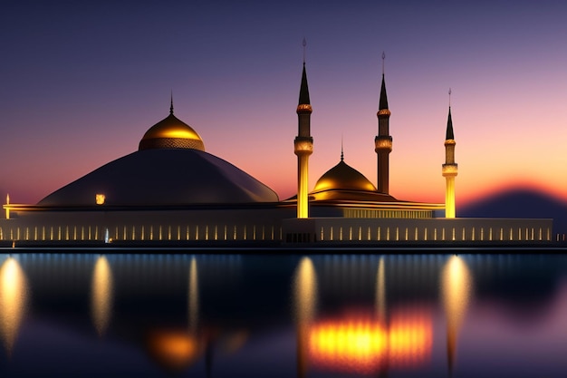 A mosque in a city with the lights on