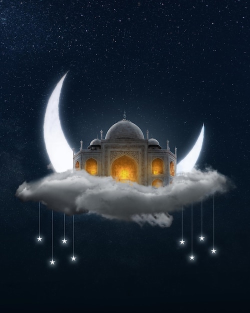 Mosque on cloud and fantasy glowing moon