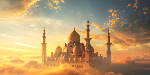 Mosque on the clouds in the sunset Beautiful mosque in the clouds Ai Generated