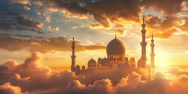 Mosque on the clouds in the sunset Beautiful mosque in the clouds Ai Generated