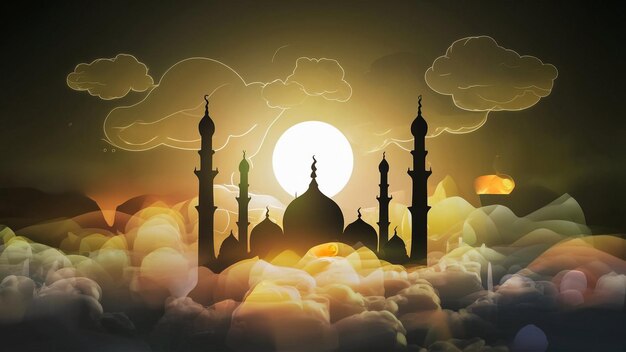 a mosque in the clouds with a sun and a moon in the background