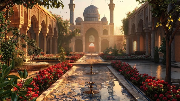 A Mosque Courtyard with a Water Feature and Red Flowers