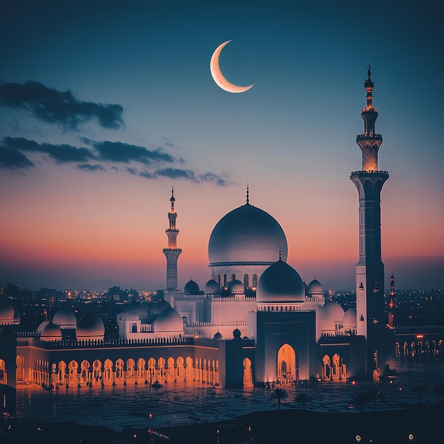 Photo mosque under a crescent moon glowing skyline