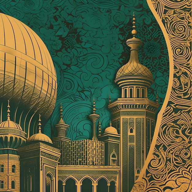 a mosque crescent moon and traditional patterns in gold