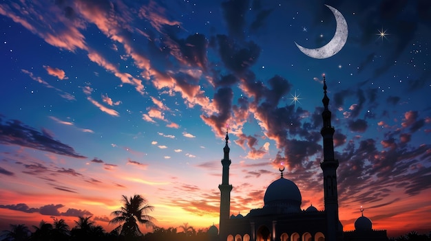 a mosque under a crescent moon with a crescent moon in the sky