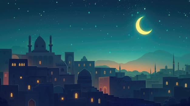 Mosque Crestcent moon Ramadan Greeting Card banner design background illustration 7