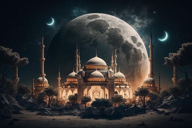 the mosque in the dark twilight sky islamic style banner