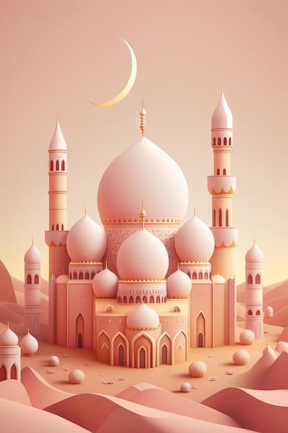 Mosque in desert Ramadan Kareem greeting card Generative AI