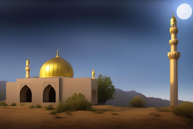 A mosque in the desert with a blue sky and mountains in the background.