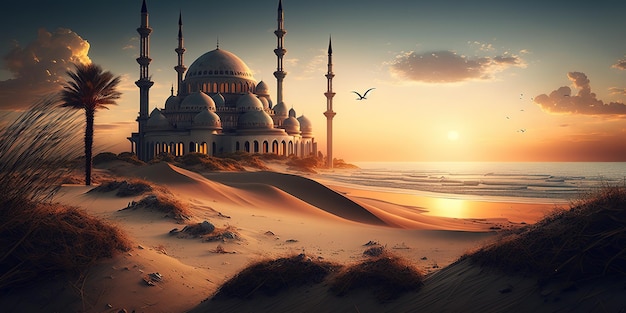 A mosque in the desert with a sunset in the background