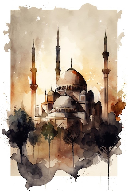 Mosque digital art watercolor painting for background