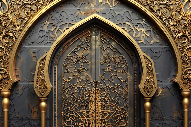 Mosque door with intricate carvings illustration Arabic Eid Mubarak Background