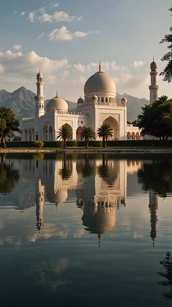 Mosque Elegance Clear Sky as the Perfect Background with reflection in the water