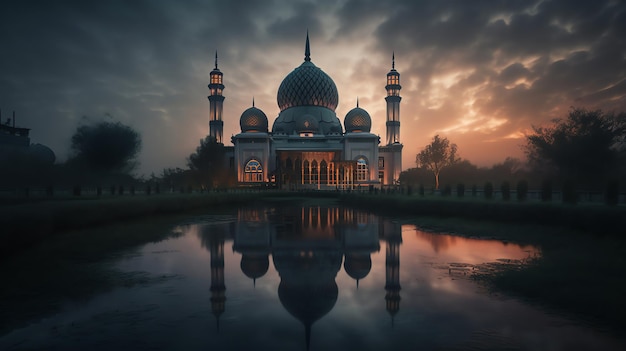 A mosque in the evening with a cloudy sky