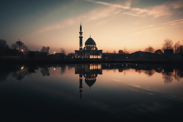 A mosque in the evening with the lights on