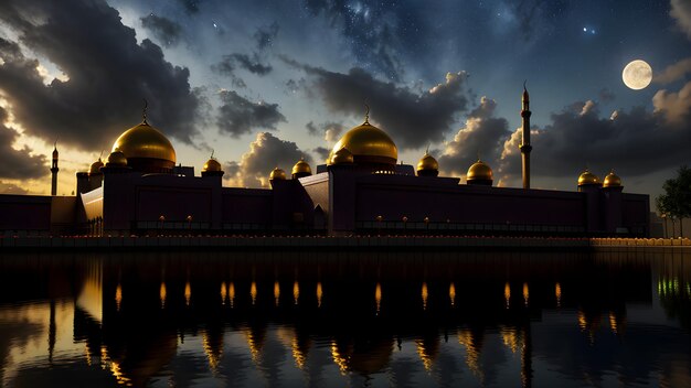 A mosque in the evening with the moon behind it