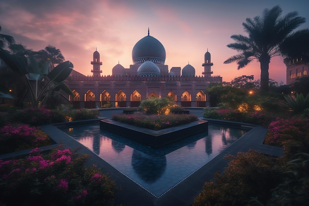 A mosque in the evening with a pink sky