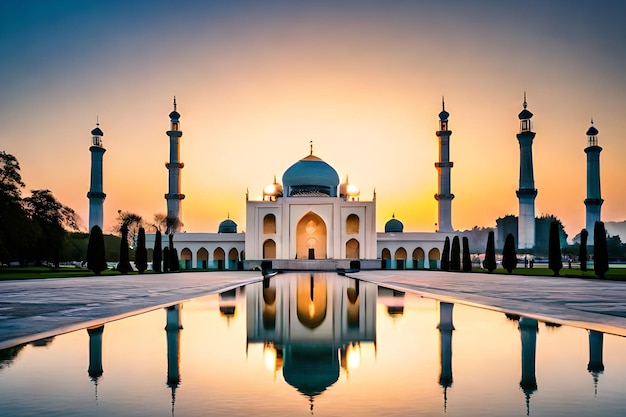 A mosque in the evening with the sun setting behind it