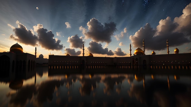 A mosque in the evening with the sun shining through the clouds