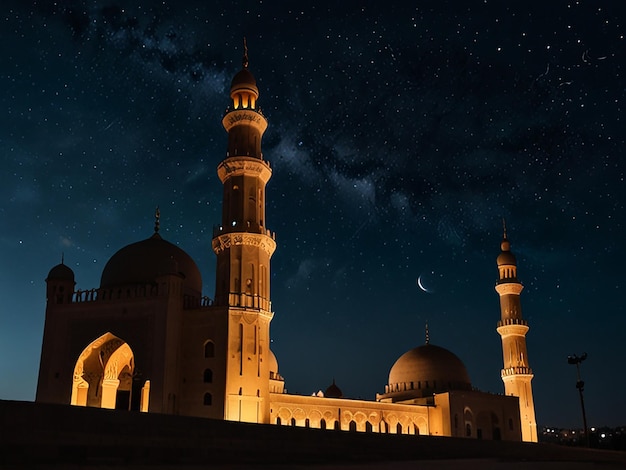 A mosque in front of a night sky with stars and the moon