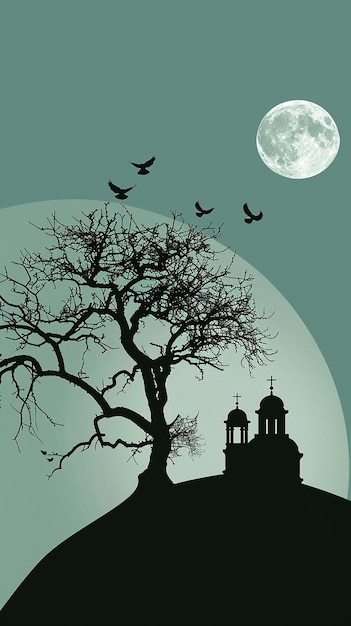 a mosque under a full moon with birds flying above it