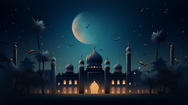 Mosque and lake at night there is a moon and stars the concept of Eid AN RAMADAN GENERATED AI