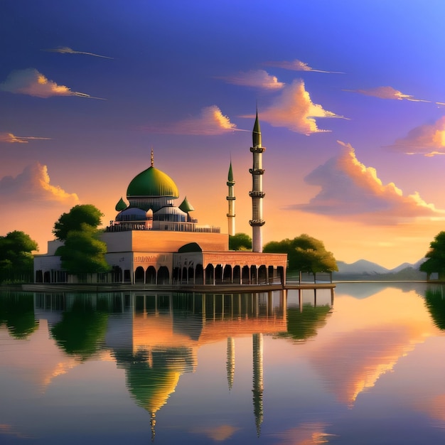 A mosque on the lake with clouds and trees