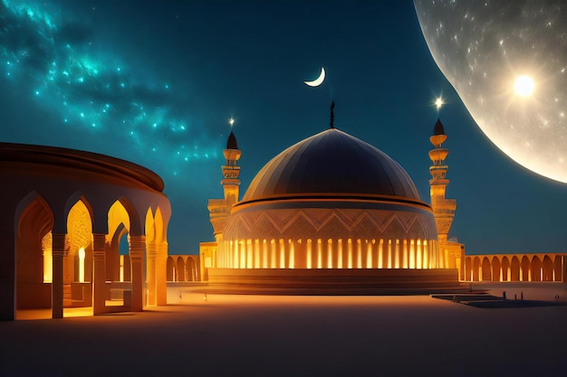 a mosque lit up at night with a crescent in the sky