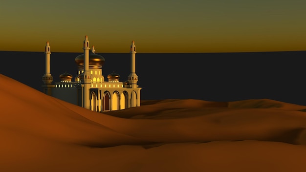 Mosque in the middle of the desert sunset scene