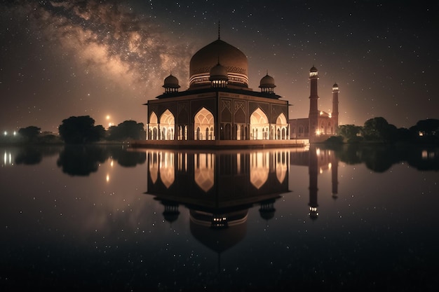 A mosque in the middle of a lake with a starry sky and the stars.