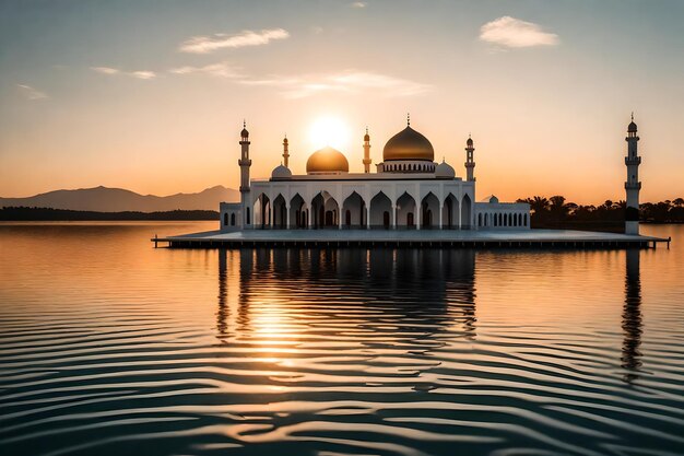 A mosque in the middle of a lake with the sun setting behind it