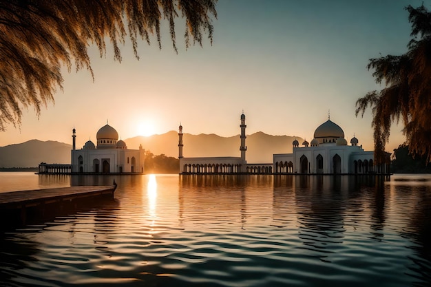 A mosque in the middle of a lake with the sun setting behind it