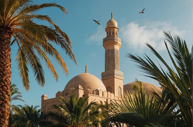 Mosque minaret against a background of palm leaves